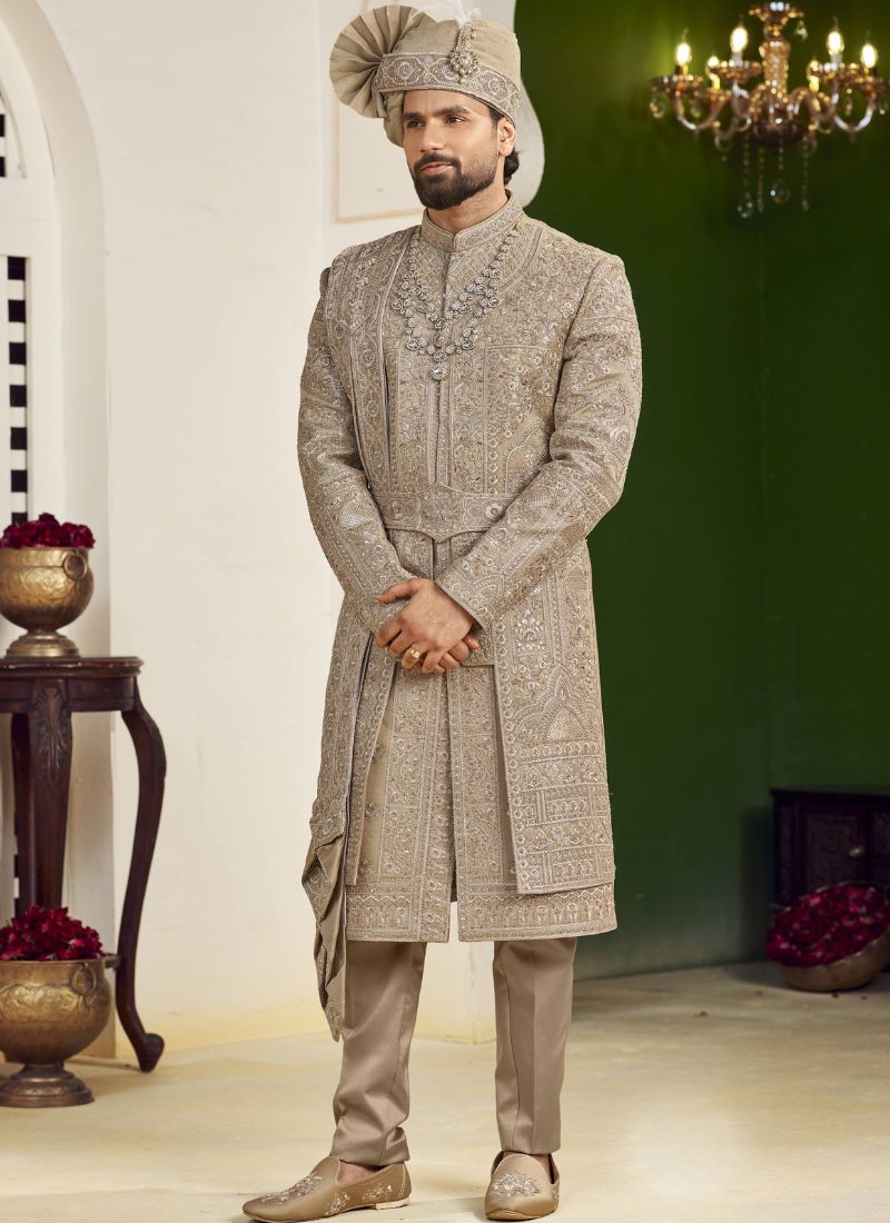 Copper Art Silk Embroidery Mens Wedding Sherwani