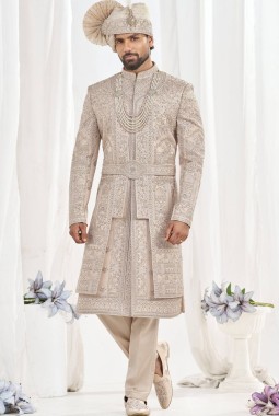 Rose Gold Art Silk Embroidery Mens Wedding Sherwani