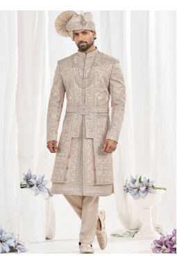 Rose Gold Art Silk Embroidery Mens Wedding Sherwani
