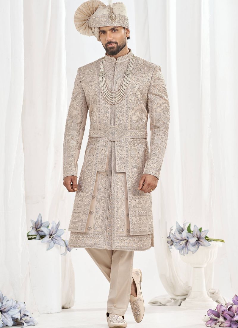 Rose Gold Art Silk Embroidery Mens Wedding Sherwani