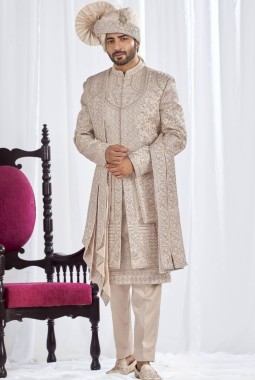 Rose Gold Art Silk Embroidery Mens Wedding Sherwani
