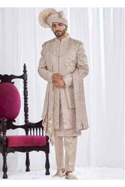 Rose Gold Art Silk Embroidery Mens Wedding Sherwani
