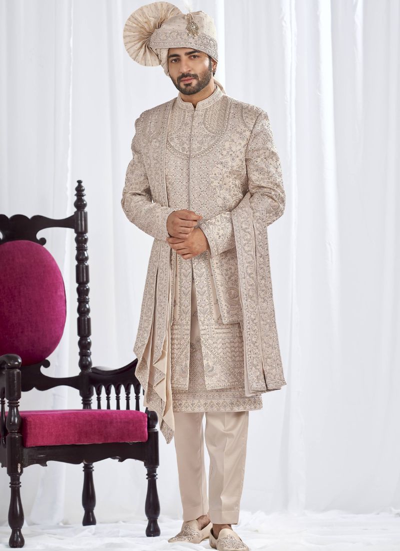 Rose Gold Art Silk Embroidery Mens Wedding Sherwani