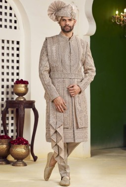 Rust Art Silk Embroidery Mens Wedding Sherwani 