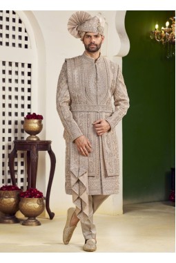 Rust Art Silk Embroidery Mens Wedding Sherwani 