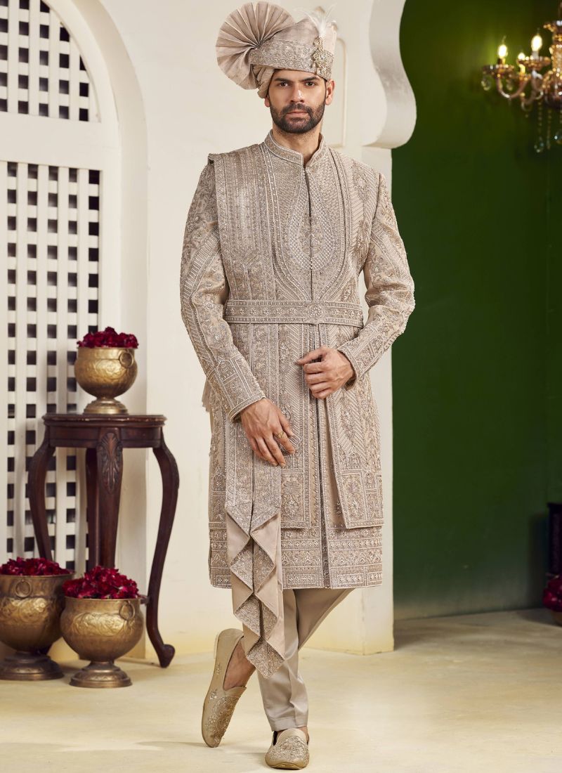 Rust Art Silk Embroidery Mens Wedding Sherwani 