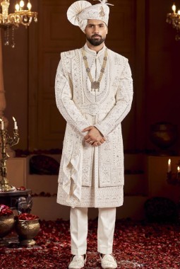 Cream Art Silk Embroidery Mens Wedding Sherwani