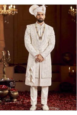 Cream Art Silk Embroidery Mens Wedding Sherwani