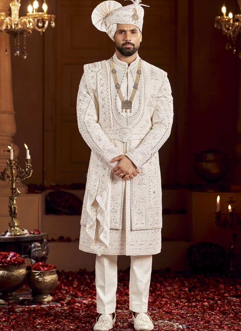 Cream Art Silk Embroidery Mens Wedding Sherwani