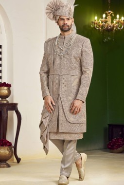 Rust Art Silk Embroidery Mens Wedding Sherwani 