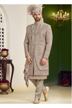 Rust Art Silk Embroidery Mens Wedding Sherwani 