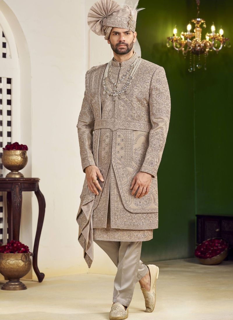 Rust Art Silk Embroidery Mens Wedding Sherwani 