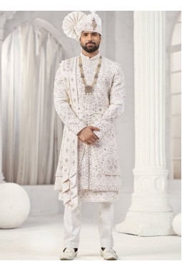 Cream Art Silk Embroidery Mens Wedding Sherwani