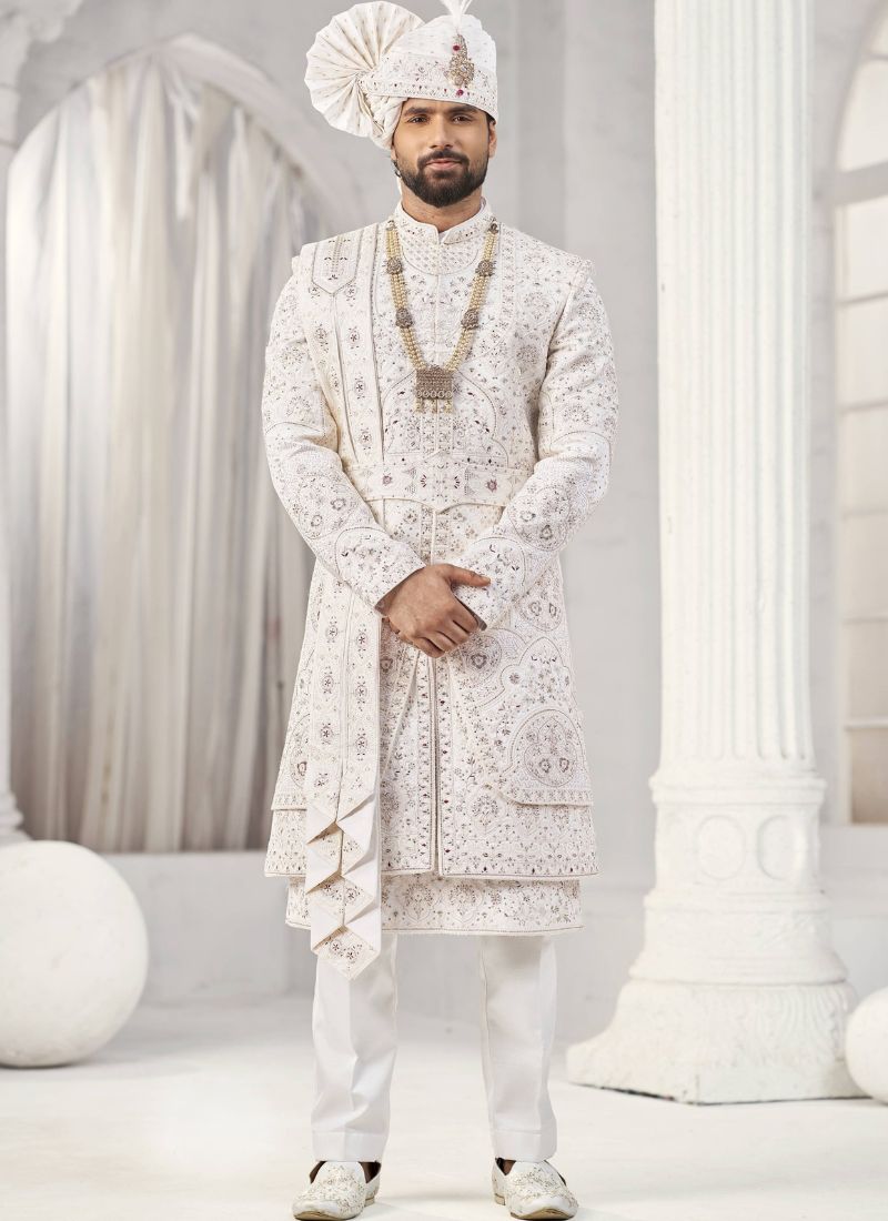Cream Art Silk Embroidery Mens Wedding Sherwani