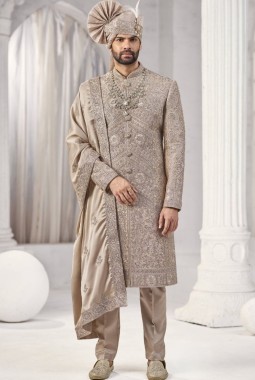 Rust Art Silk Embroidery Mens Wedding Sherwani 