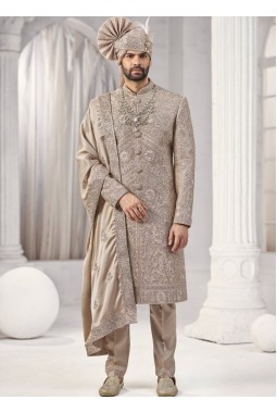 Rust Art Silk Embroidery Mens Wedding Sherwani 