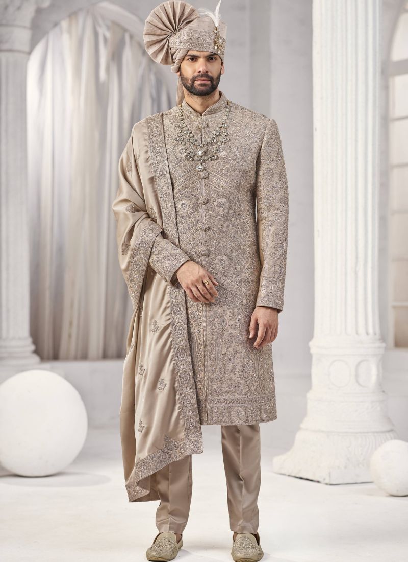 Rust Art Silk Embroidery Mens Wedding Sherwani 