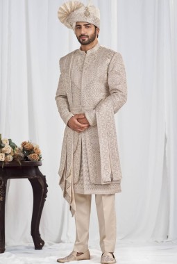 Rose Gold Art Silk Embroidery Mens Wedding Sherwani