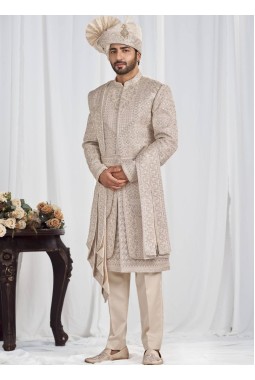 Rose Gold Art Silk Embroidery Mens Wedding Sherwani