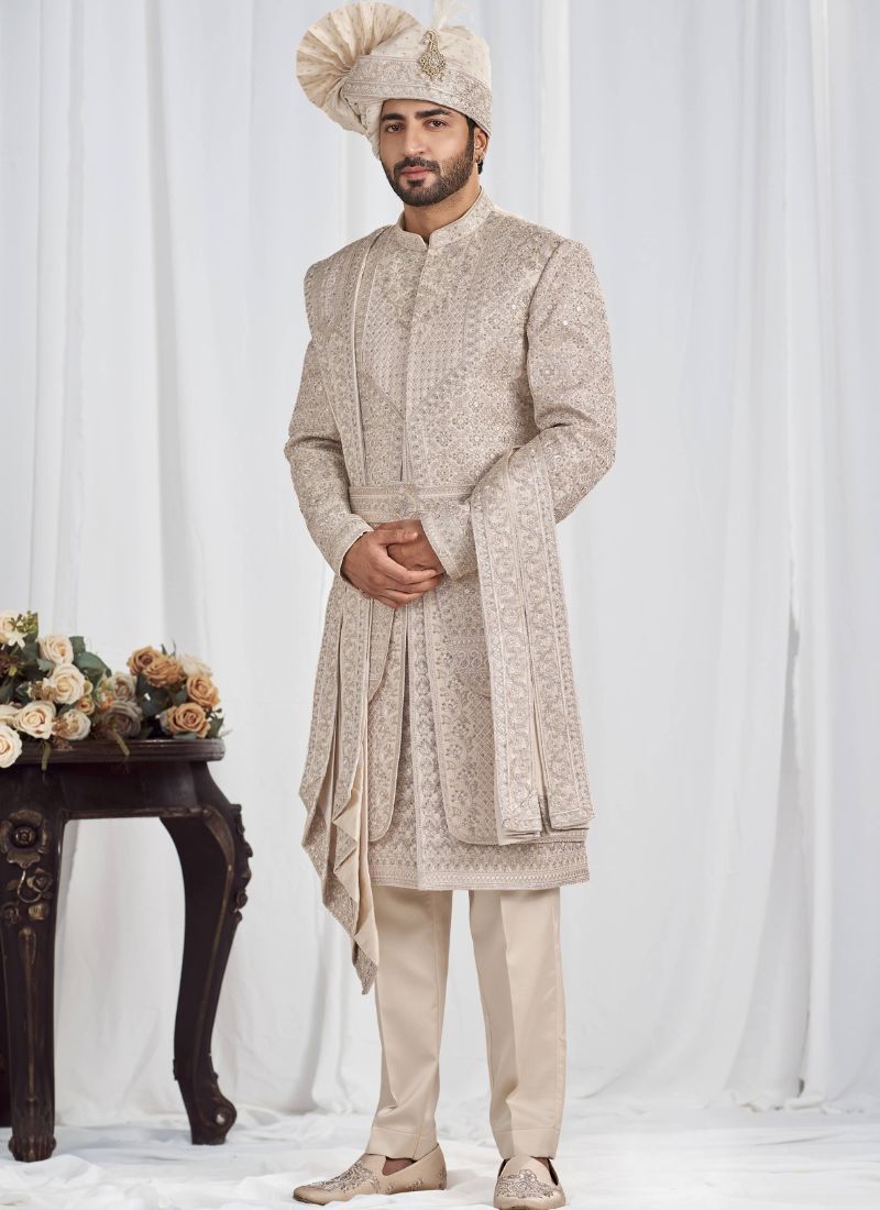 Rose Gold Art Silk Embroidery Mens Wedding Sherwani