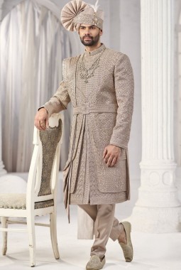 Rust Art Silk Embroidery Mens Wedding Sherwani 