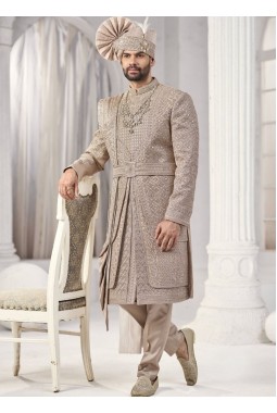 Rust Art Silk Embroidery Mens Wedding Sherwani 