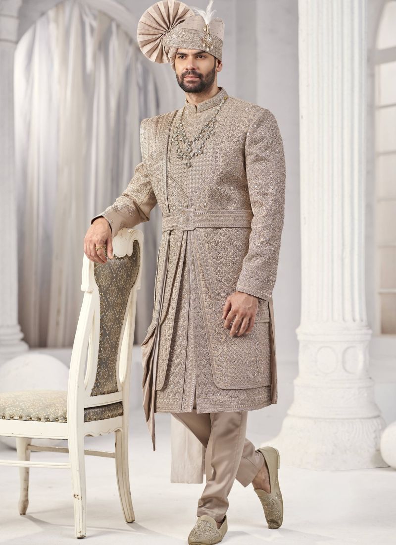 Rust Art Silk Embroidery Mens Wedding Sherwani 