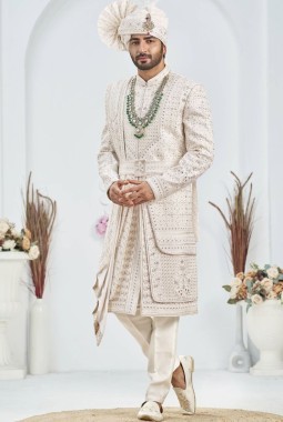 Cream Art Silk Embroidery Mens Wedding Sherwani