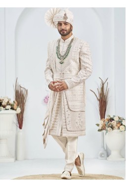 Cream Art Silk Embroidery Mens Wedding Sherwani
