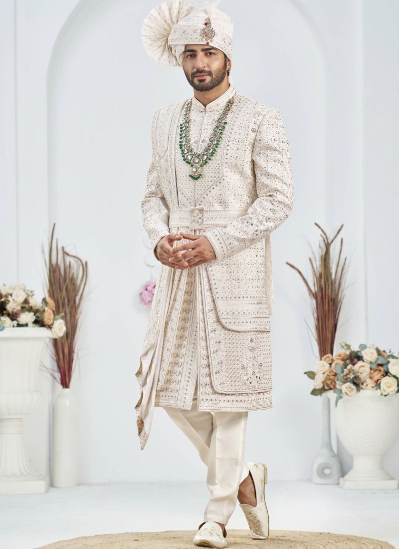 Cream Art Silk Embroidery Mens Wedding Sherwani