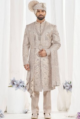Rose Gold Art Silk Embroidery Mens Wedding Sherwani