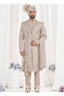 Rose Gold Art Silk Embroidery Mens Wedding Sherwani