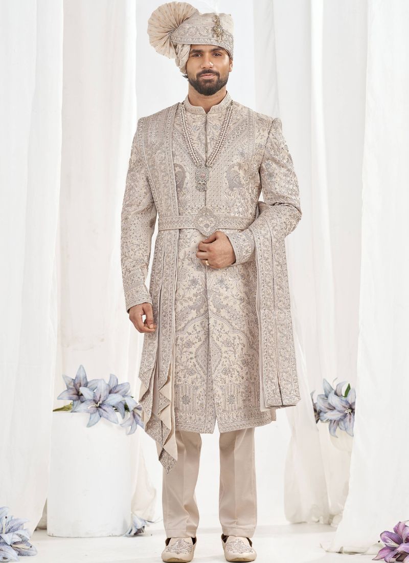 Rose Gold Art Silk Embroidery Mens Wedding Sherwani
