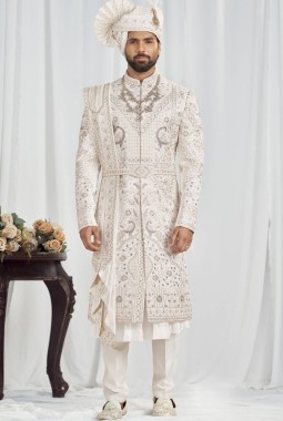 Cream Art Silk Embroidery Mens Wedding Sherwani