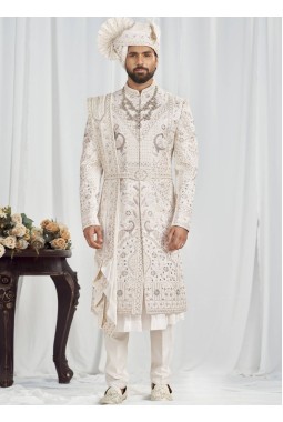 Cream Art Silk Embroidery Mens Wedding Sherwani