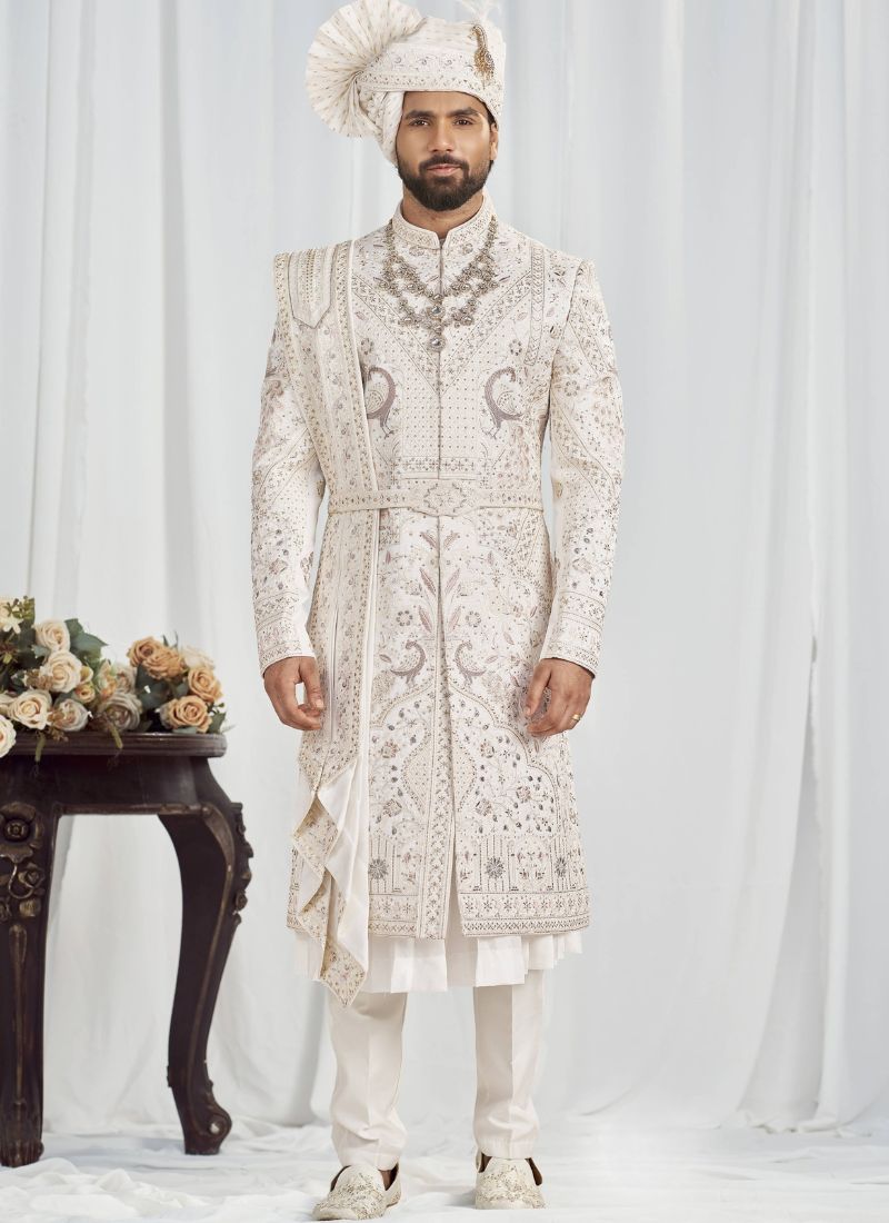 Cream Art Silk Embroidery Mens Wedding Sherwani