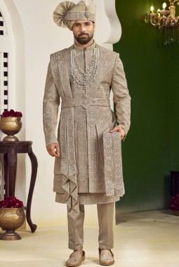 Copper Art Silk Embroidery Mens Wedding Sherwani