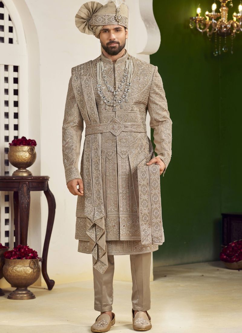Copper Art Silk Embroidery Mens Wedding Sherwani