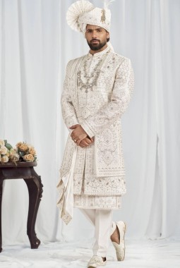 Cream Art Silk Embroidery Mens Wedding Sherwani