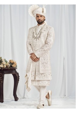 Cream Art Silk Embroidery Mens Wedding Sherwani