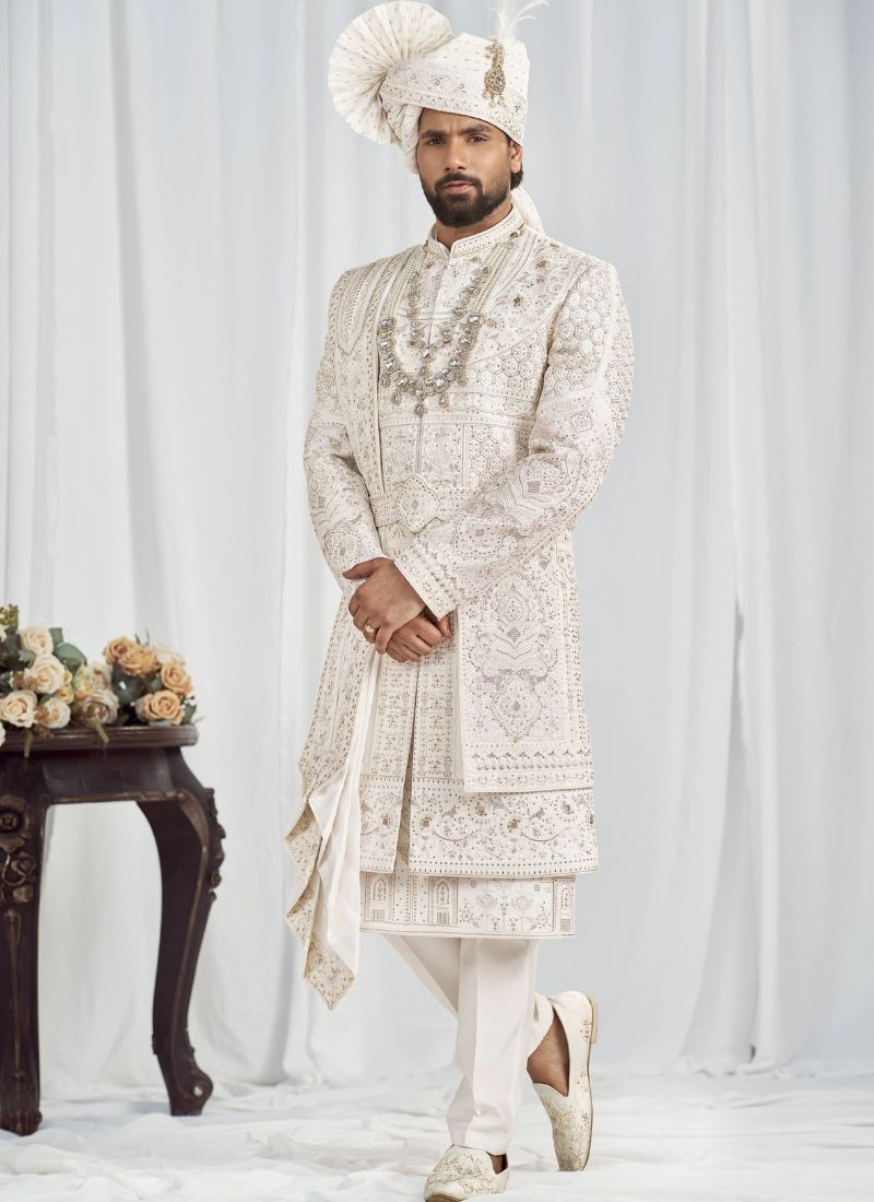Cream Art Silk Embroidery Mens Wedding Sherwani