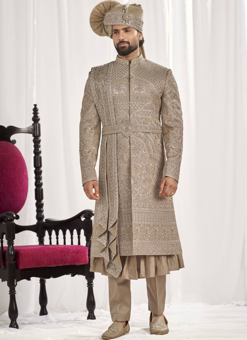 Copper Art Silk Embroidery Mens Wedding Sherwani