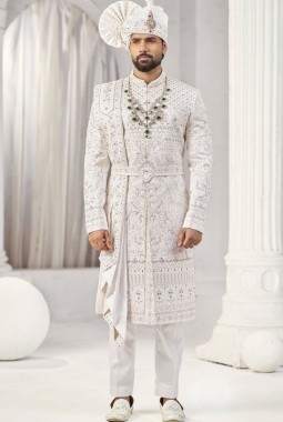 Cream Art Silk Embroidery Mens Wedding Sherwani
