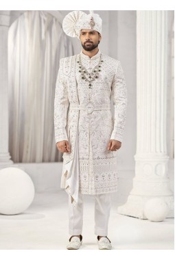 Cream Art Silk Embroidery Mens Wedding Sherwani