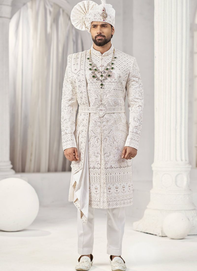 Cream Art Silk Embroidery Mens Wedding Sherwani