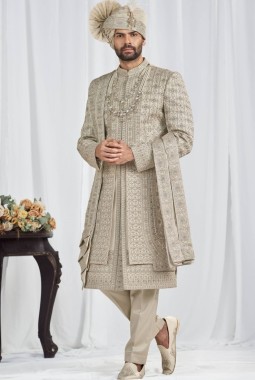 Pista Art Silk Embroidery Mens Wedding Sherwani