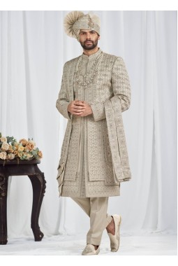Pista Art Silk Embroidery Mens Wedding Sherwani