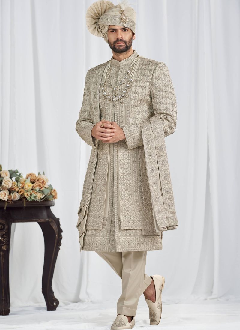Pista Art Silk Embroidery Mens Wedding Sherwani