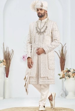 Cream Art Silk Embroidery Mens Wedding Sherwani