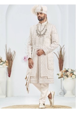 Cream Art Silk Embroidery Mens Wedding Sherwani